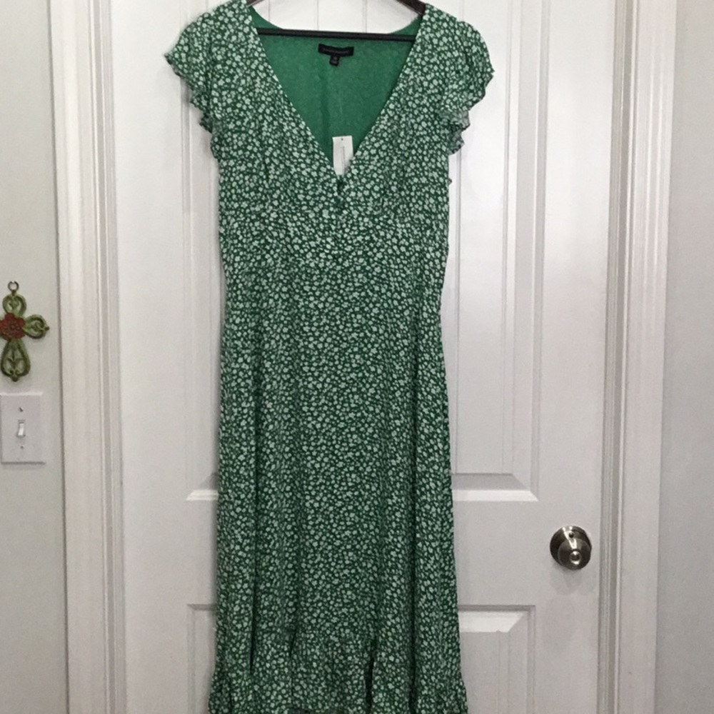 Green Dress with White Flowers Ankle Length